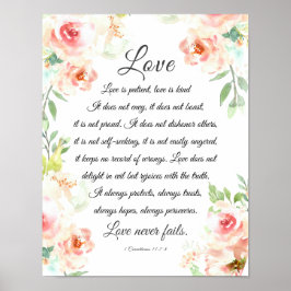 Liefde Nooit Fails Bijbel Verse Blush Bloemen Brui Poster