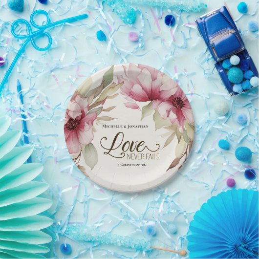Liefde Nooit Fails Bijbel Verse Roze Bloemen Bruil Papieren Bordje (Feest)