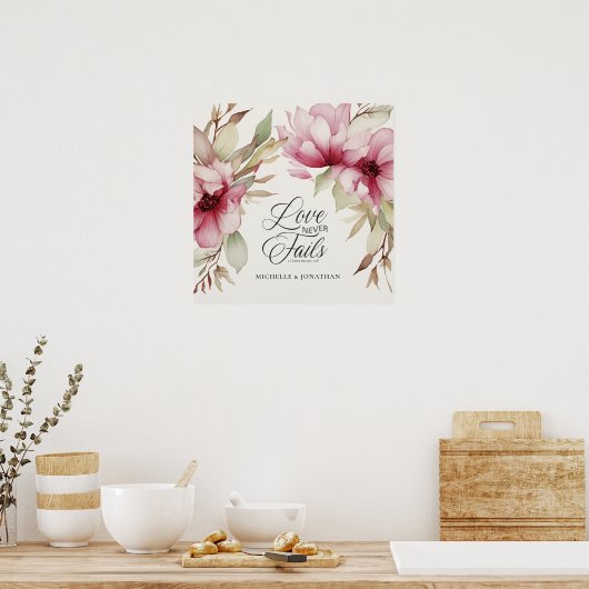 Liefde Nooit Fails Bijbel Verse Roze Bloemen Bruil Poster (Keuken)