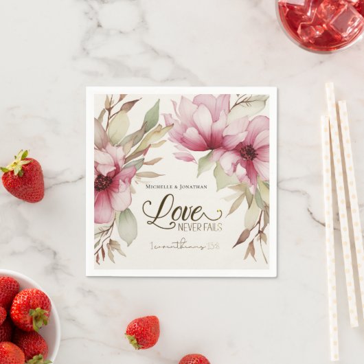 Liefde Nooit Fails Bijbel Verse Roze Bloemen Bruil Servet (Insitu)