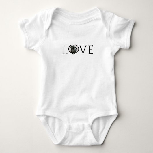 Liefde, O is aangepaste hartfoto Zwart Schrift Romper (Voorkant)