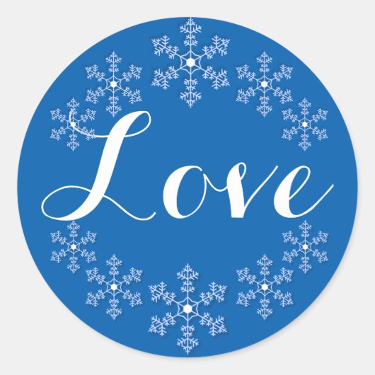 Liefde Onder de Sneeuwvlokken Blauw en Wit Ronde Sticker (Voorkant)