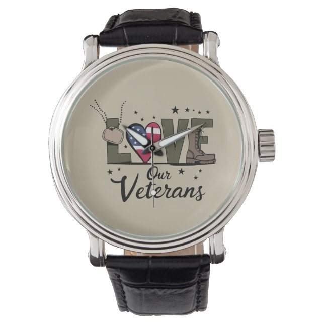 Liefde Onze Veteranen Dag Trotse Militaire Veteraa Horloge (Voorkant)