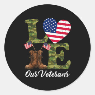 Liefde Onze Veteranen Usa Vlag Hart Patriottische Ronde Sticker