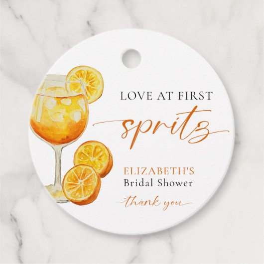 Liefde op de eerste Spritz Bruidsbruiloft Welkom C Bedankjes Labels (Voorkant)