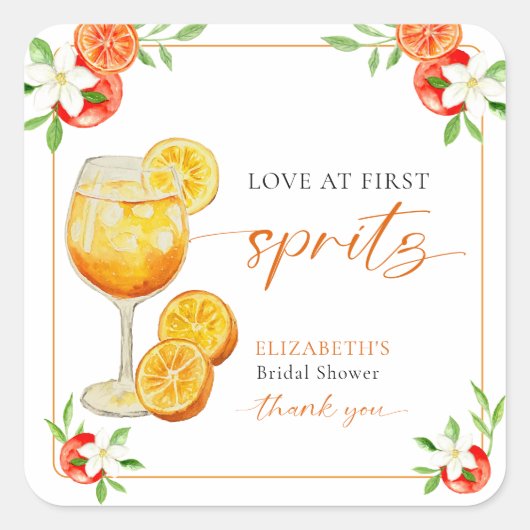 Liefde Op Het Eerste Spritz Bruidsbruiloft Aperol Vierkante Sticker (Voorkant)