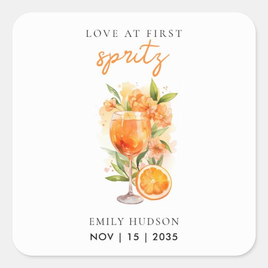 Liefde Op Het Eerste Spritz Bruidsfeest Vierkante Sticker (Voorkant)