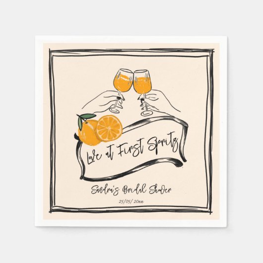 Liefde op het eerste spritz retro oranje bruidsdou servet (Voorkant)