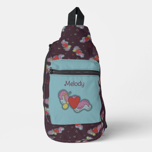 Liefde Opmerking: Doodle Heart Music Lovers Naam B Sling Bag (Voorkant)