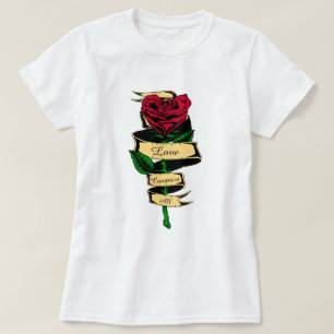 Liefde overwint alles Rood rozenhart met tekst Dam T-shirt