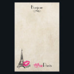 Liefde Parijs met Eiffeltoren op perkament textuur Briefpapier<br><div class="desc">briefpapier met een mooie FAUX perkament textuur. Gelaagd boven is een illustratie van de Eiffeltoren. Een hete roze lipstick impressie naast het bekende herkenningspunt dat xoxo! zegt en fancy typografie die "love love" Paris zegt. Bonjour schreef bovenaan. Tekst kan worden gewijzigd / aangepast aan uw behoeften.</div>