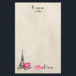 Liefde Parijs met Eiffeltoren op perkament textuur Briefpapier<br><div class="desc">briefpapier met een mooie FAUX perkament textuur. Gelaagd boven is een illustratie van de Eiffeltoren. Een hete roze lipstick impressie naast het bekende herkenningspunt dat xoxo! zegt en fancy typografie die "love love" Paris zegt. Bonjour schreef bovenaan. Tekst kan worden gewijzigd / aangepast aan uw behoeften.</div>