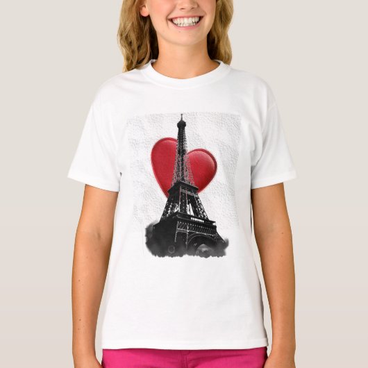 Liefde Parijs Rode Hart Eiffeltoren T-shirt (Voorkant)