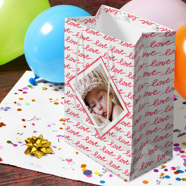 Liefde patroon met twee foto's roze Valentijnsdag Medium Cadeauzakje