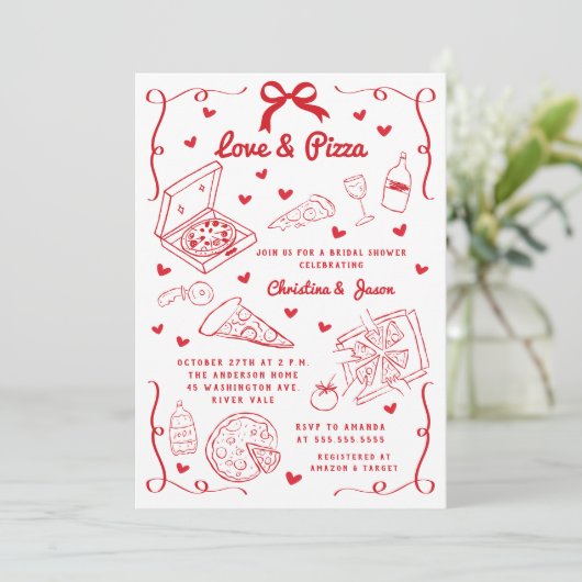 Liefde & Pizza Bruids Douche Uitnodiging (Staand voorkant)