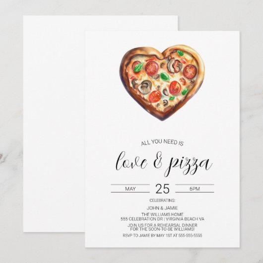 Liefde & Pizza Uitnodiging, Verloving Douche Kaart (Voorkant / Achterkant)