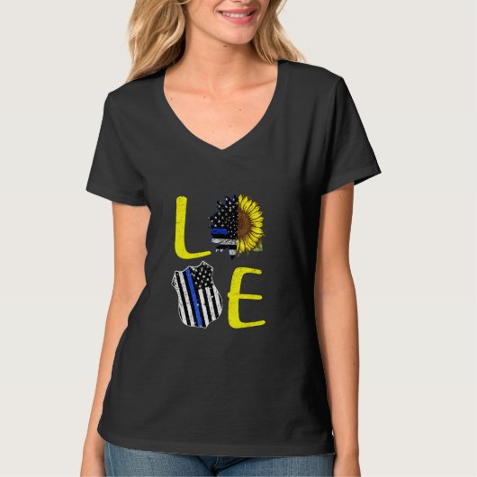 Liefde Politie Blauwe Lijn Zonnebloem Kunst T-shirt (Voorkant)
