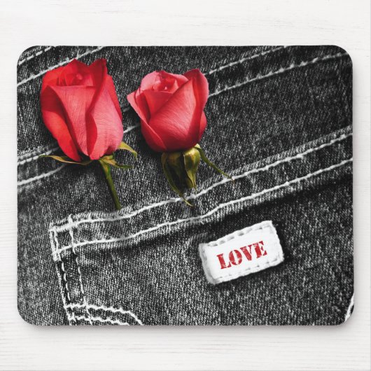 Liefde. Red Roses en Denim Valentijnsdag Gift Muismat (Voorkant)