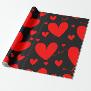Liefde, rode harten op zwarte achtergrond cadeaupapier