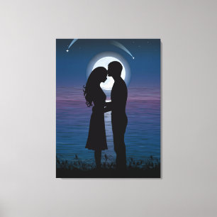 Liefde Romance Silhouette Couple op het meer aan d Canvas Afdruk