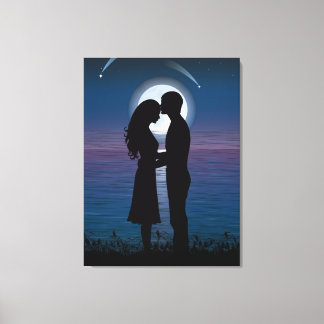 Liefde Romance Silhouette Couple op het meer aan d Canvas Afdruk