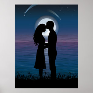 Liefde Romance Silhouette Couple op het meer aan d Poster