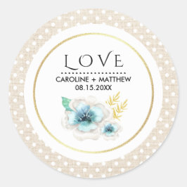 Liefde. Romantic Floral Burlap Texture Wedding Ronde Sticker