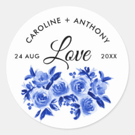 Liefde. Royal Blue Waterverf Floral Wedding Sticke Ronde Sticker