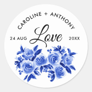 Liefde. Royal Blue Waterverf Floral Wedding Sticke Ronde Sticker