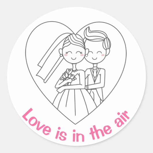 Liefde Roze En Wit Cartoon Bruid & bruidegom Bruil Ronde Sticker (Voorkant)