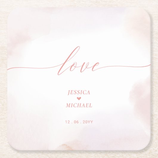 Liefde | Roze Hart & Waterverf Bruiloft Kartonnen Onderzetters (Voorkant)