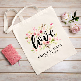 Liefde roze Waterverf bloemen Weddenschap Monogram Tote Bag