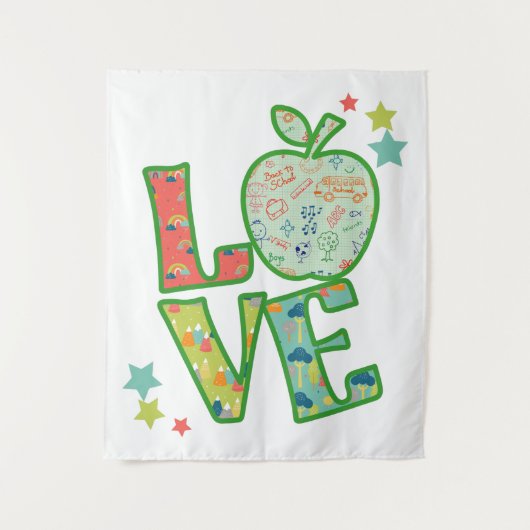 Liefde Schoolappel, Terug naar School Getekend Wandkleed (Voorkant)