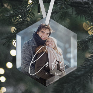 Liefde Script Overlay Foto's & Initialen Glas Ornament