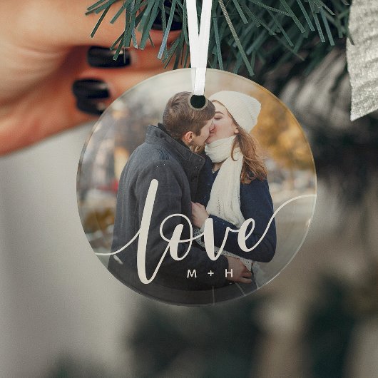 Liefde Script Overlay Foto's & Initialen Glas Ornament
