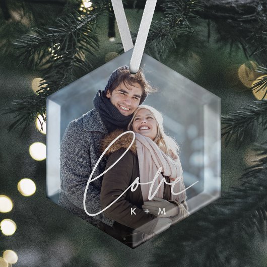 Liefde Script Overlay Foto's & Initialen Glas Ornament