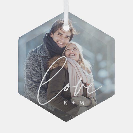 Liefde Script Overlay Foto's & Initialen Glas Ornament (Voorkant)