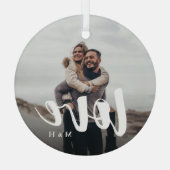 Liefde Script Overlay Persoonlijke paren Foto Glas Ornament (Achterkant)