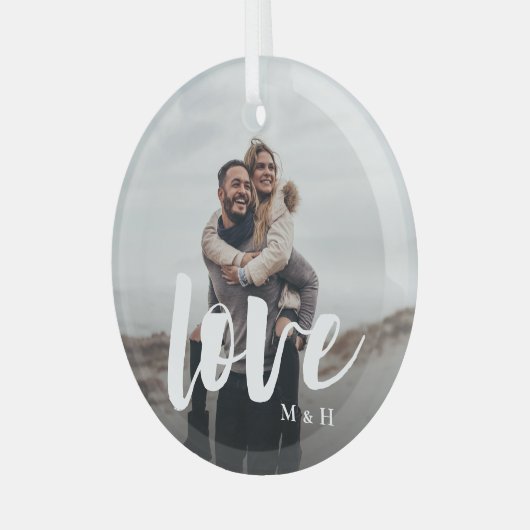 Liefde Script Overlay Persoonlijke paren Foto Glas Ornament (Voorkant links)