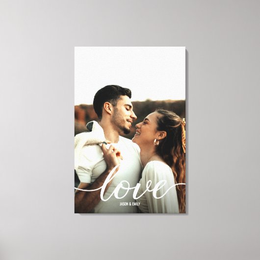 Liefde Script Verloving Foto met namen Portrait Canvas Afdruk (Voorkant)