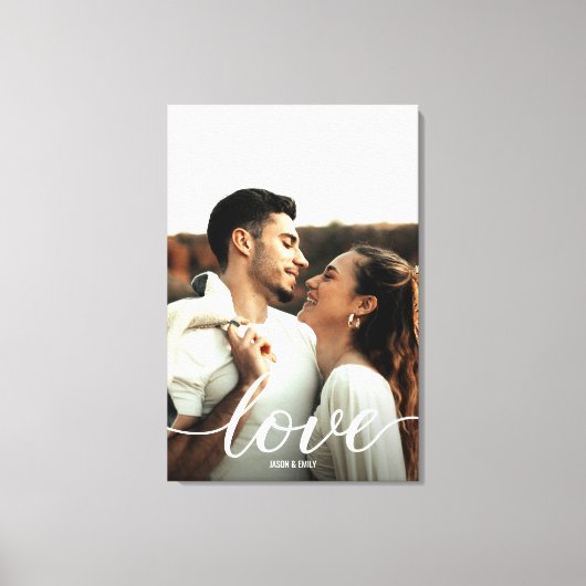 Liefde Script Verloving Foto met namen Portrait Canvas Afdruk (Voorkant)