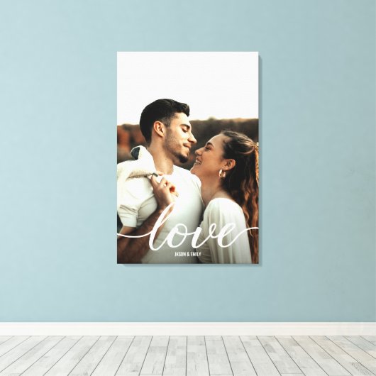 Liefde Script Verloving Foto met namen Portrait Canvas Afdruk (Insitu (Houten vloer))