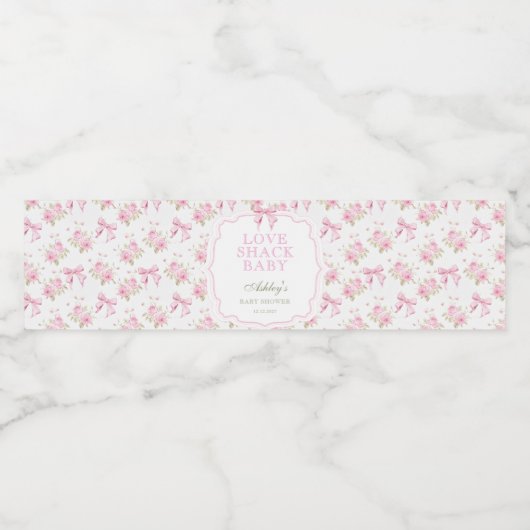 Liefde Shack Roze Bow Meisje Baby shower Waterfles Etiket (Enkel label)