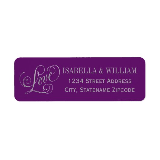 Liefde Silver Script Paars Weduwingadres Etiket (Voorkant)