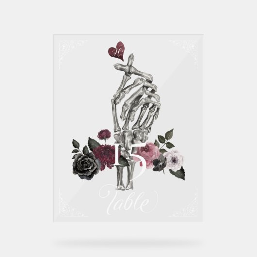 Liefde Skelet Hand Gesture Halloween Zwart Bruilof Acryl Bord (Voorkant)