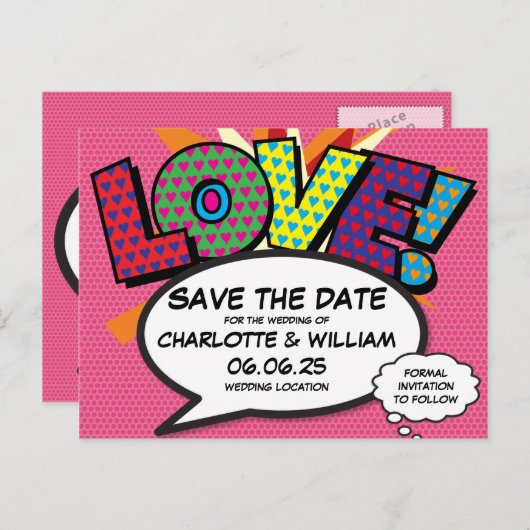 LIEFDE Sla de datum op Leuk Retro Strip Pop Art Aankondigingskaart (Voorkant / Achterkant)