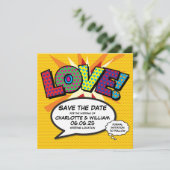 LIEFDE Sla de datum op Leuk retro stripboek Pop Ar Save The Date (Staand voorkant)