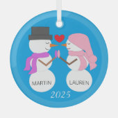 Liefde & Sneeuwmensen: Blauw-groen Glas Ornament (Voorkant)