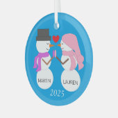 Liefde & Sneeuwmensen: Blauw-groen Glas Ornament (Voorkant links)