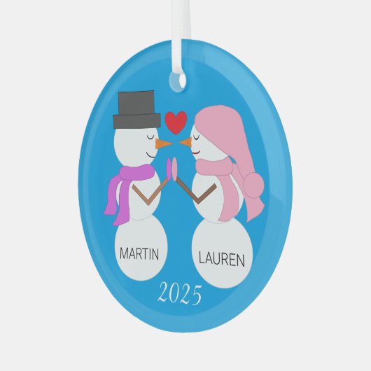 Liefde & Sneeuwmensen: Blauw-groen Glas Ornament (Voorkant links)